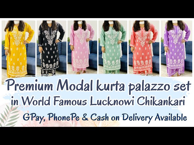 Buy Silakaari Women's Yellow Pure Modal Heavy Lucknowi Kurti Palazzo Set  (Large) at Amazon.in